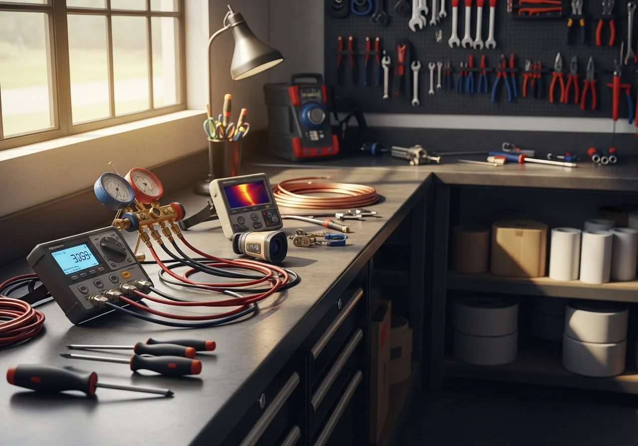 HVAC technician tools and equipment on a workbench, ready for service calls in the North Atlanta region.