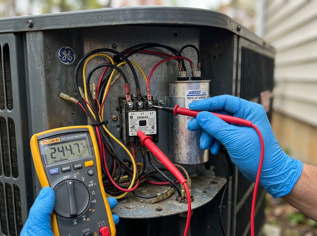 HVAC technician using a multimeter to test an outdoor AC condenser's electrical components