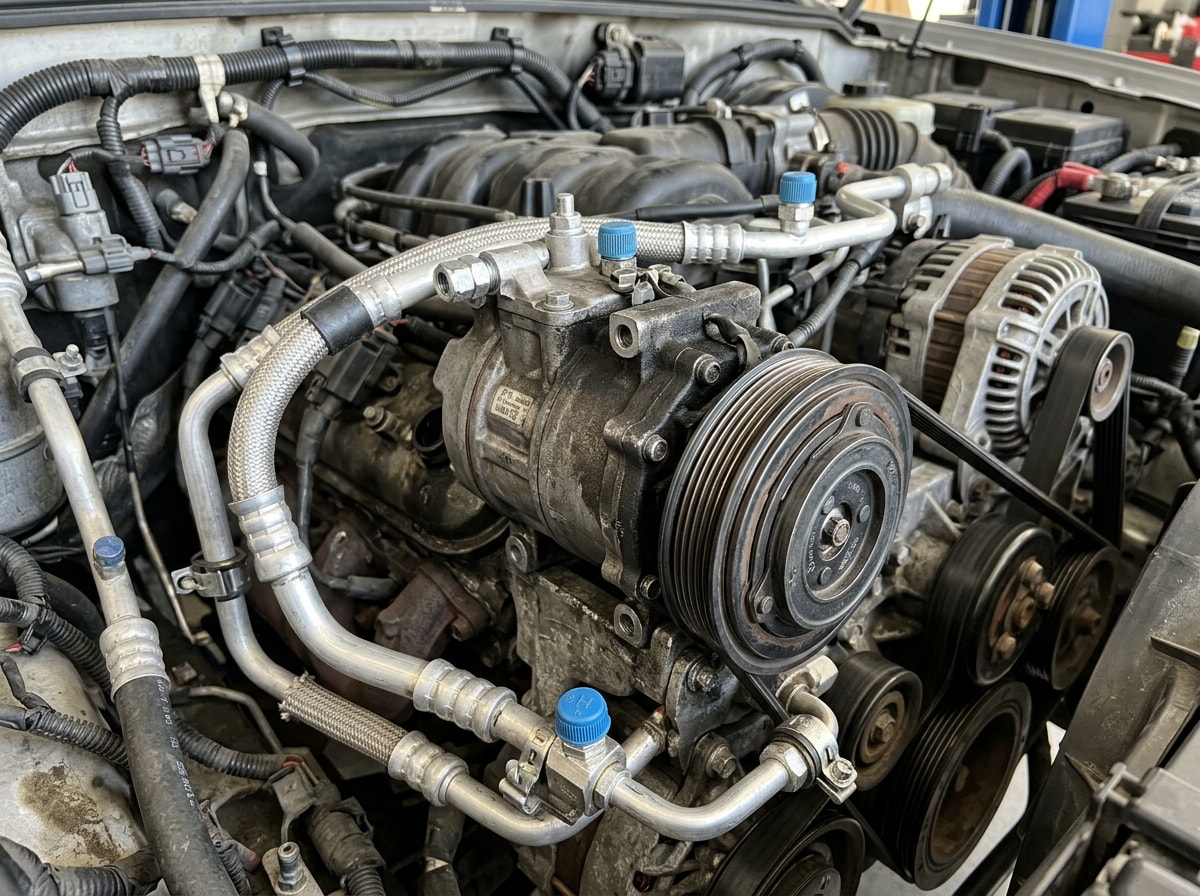 Close-up of a car's air conditioning compressor and refrigerant lines under the hood