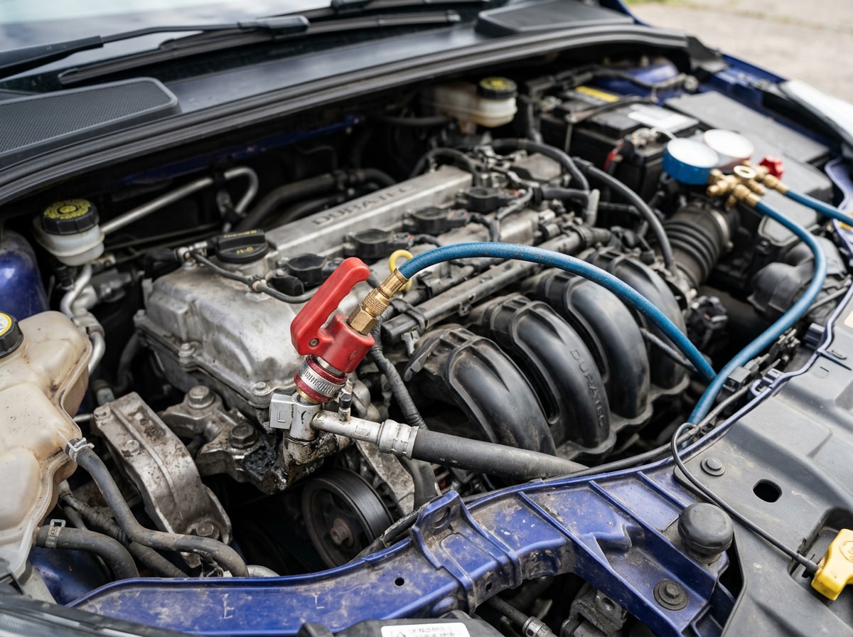 Refrigerant pressure gauge connected to a vehicle's AC service port