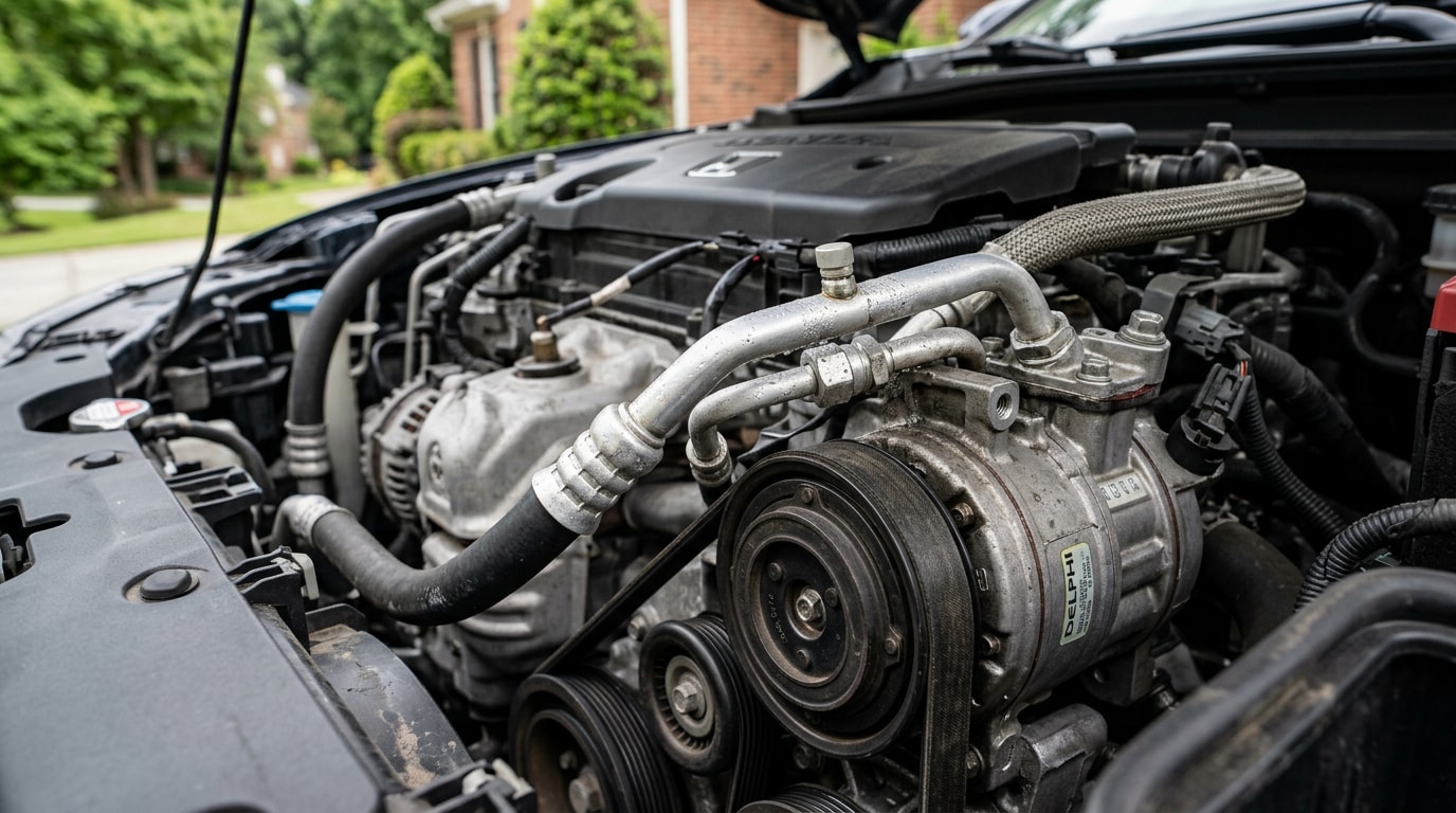 Car AC compressor and refrigerant lines under the hood in Duluth, GA Car AC compressor and refrigerant lines under the hood in Duluth, GA