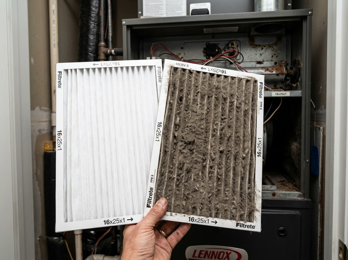 Technician holding a dirty clogged air filter next to a clean replacement filter near an HVAC air handler