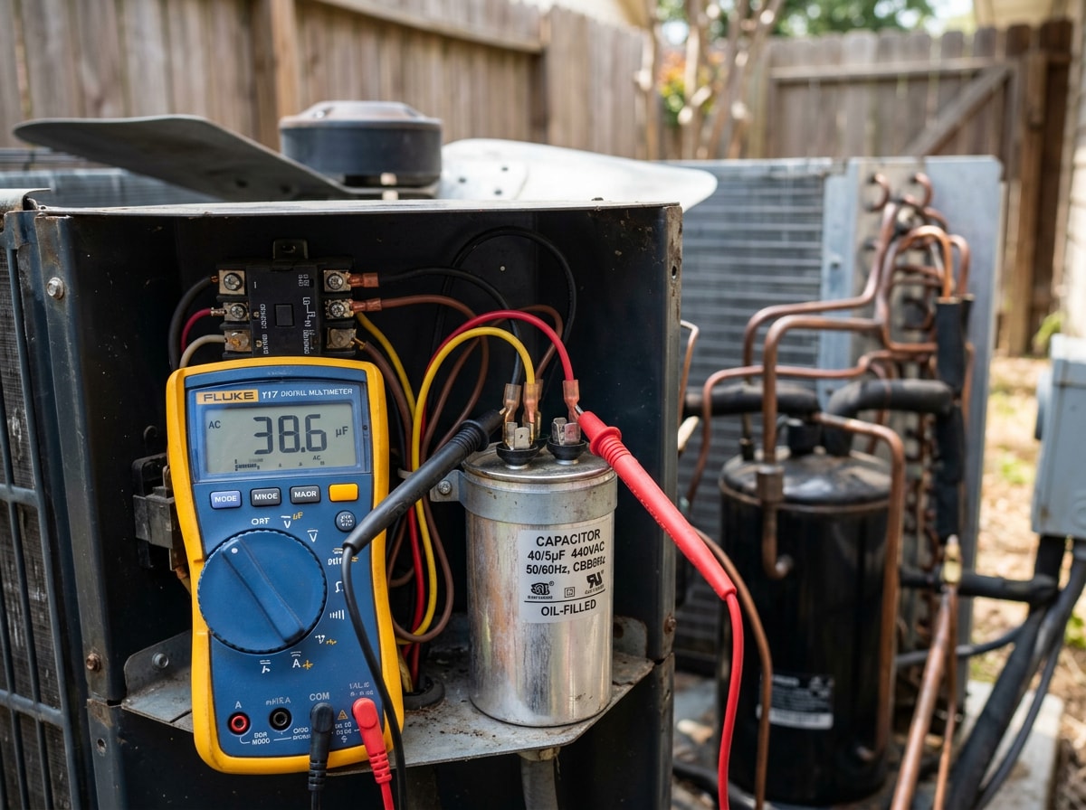 Close-up of an HVAC technician's multimeter testing a capacitor inside an outdoor air conditioning condenser unit