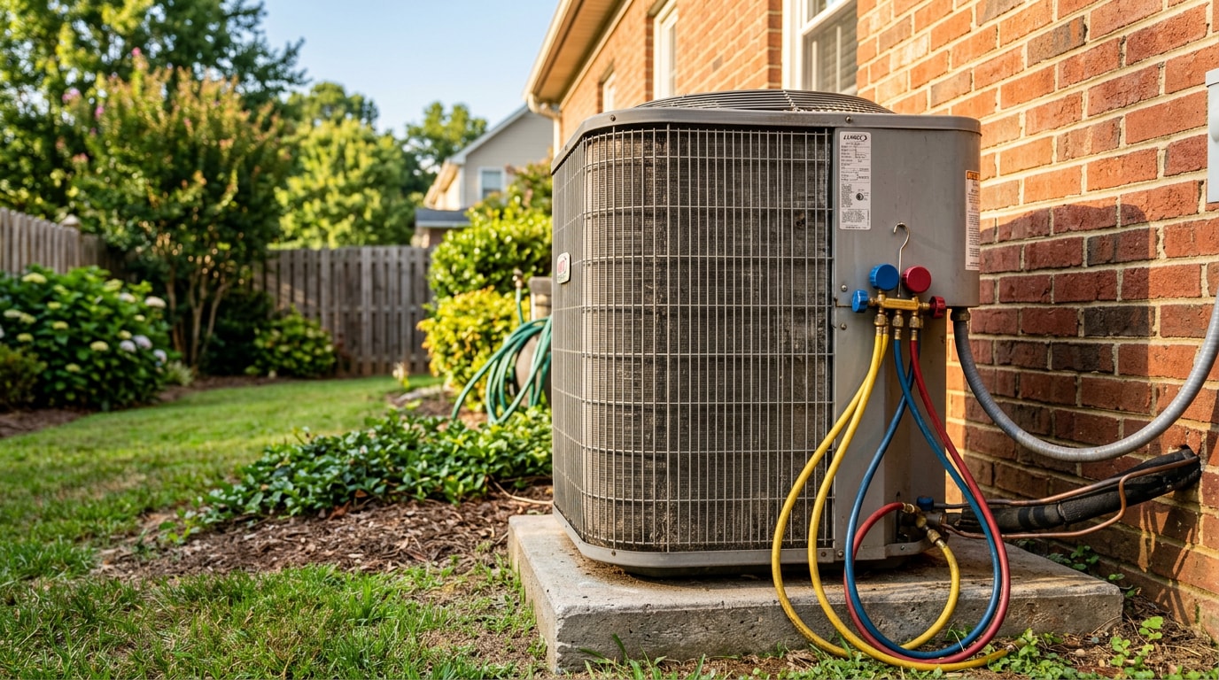 Outdoor air conditioning condenser unit at a Buford, GA home showing signs of wear