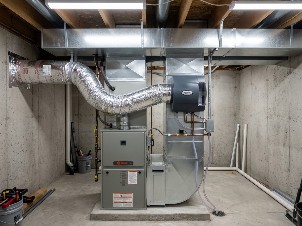 Clean sheet metal ductwork and a newly installed whole-home humidifier in a utility space