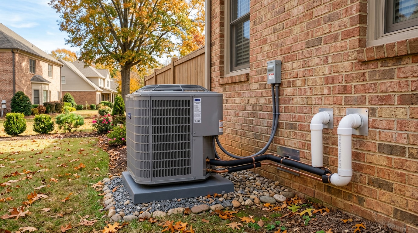 Central heating and cooling system installed outside a Woodstock, GA home Central heating and cooling system installed outside a Woodstock, GA home