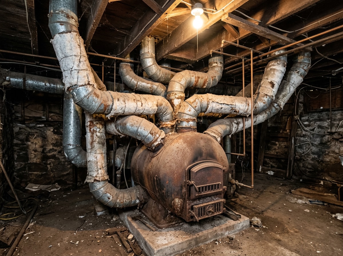 Octopus-style gravity furnace with warm-air ducts branching in every direction in a Sandy Springs basement