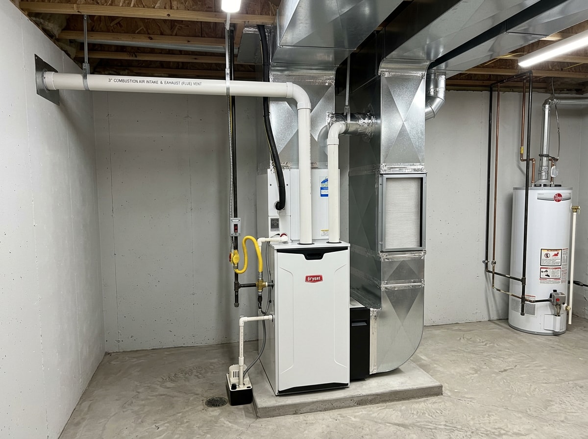 New high-efficiency gas furnace installed with clean sheet-metal ductwork in a finished basement mechanical room