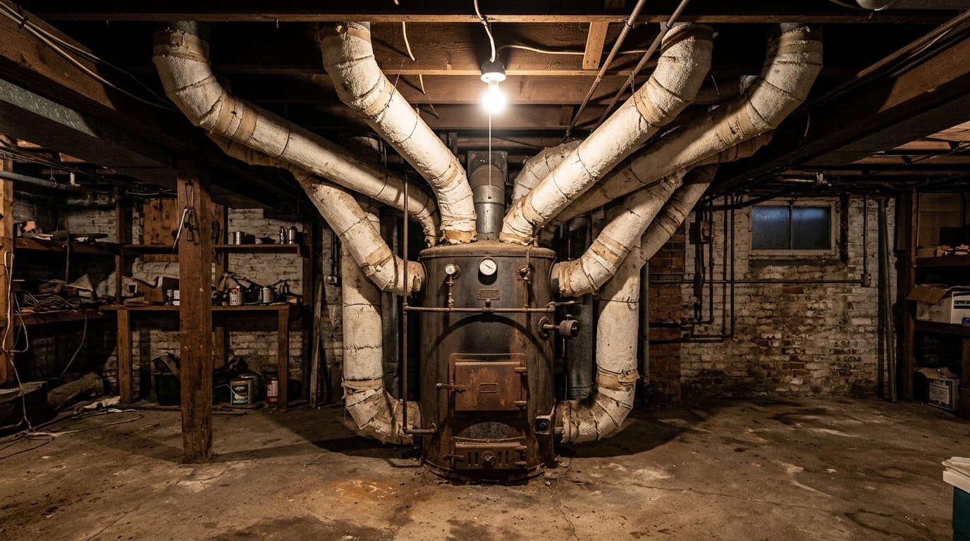 Vintage octopus-style gravity furnace with branching ductwork in a basement Vintage octopus-style gravity furnace with branching ductwork in a basement