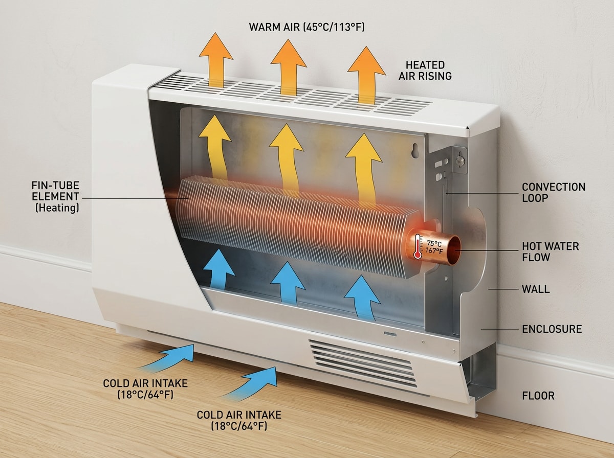 Diagram showing cold air entering the bottom and warm air rising from the top of a baseboard heater convection loop
