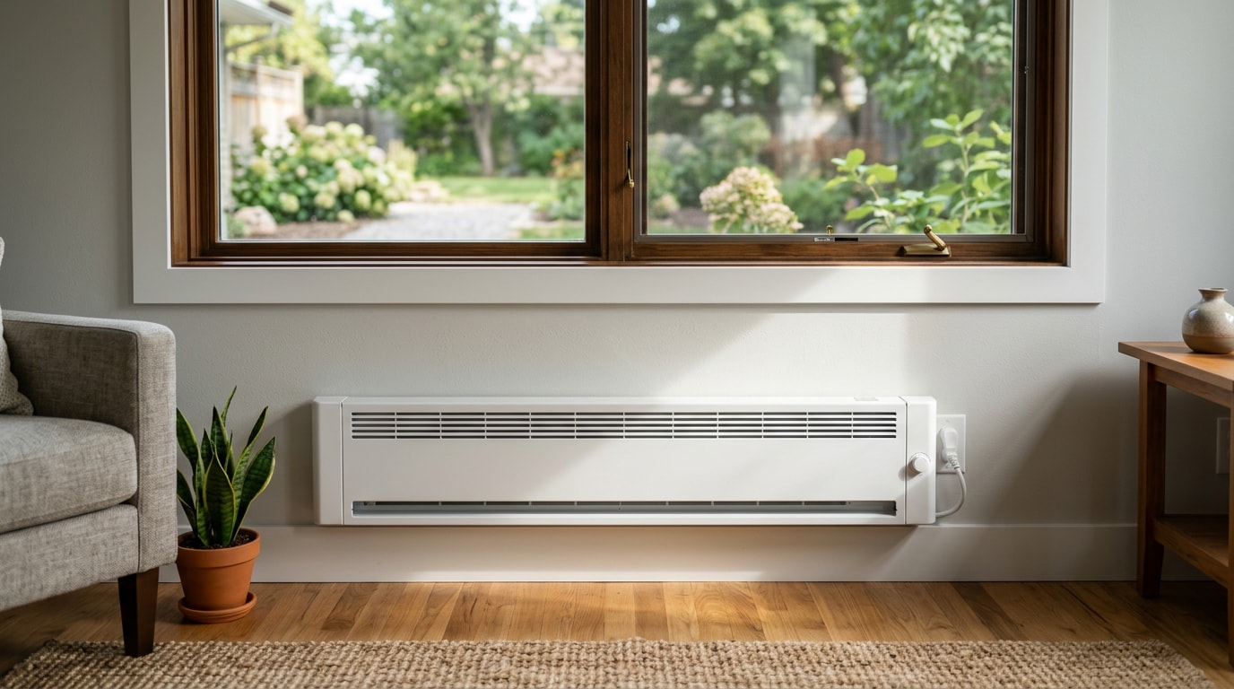 White baseboard heater installed under a window in a home addition