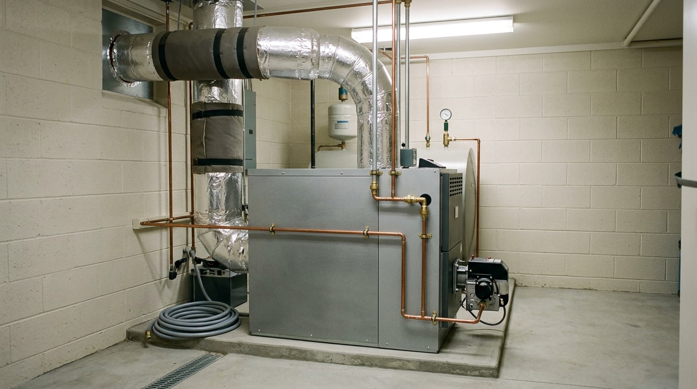 Newly installed oil furnace in a residential mechanical room in Alpharetta, GA Newly installed oil furnace in a residential mechanical room in Alpharetta, GA