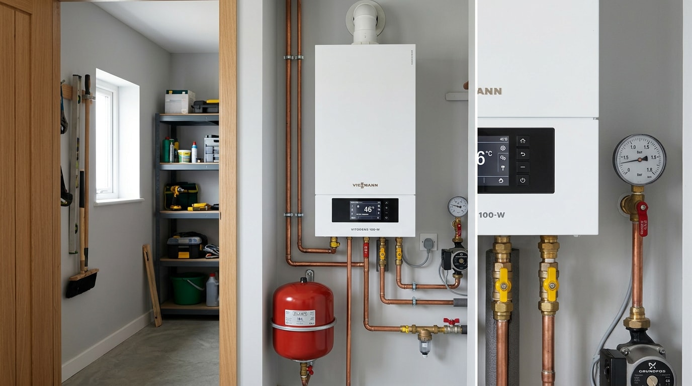 Modern residential boiler installed in a home utility closet
