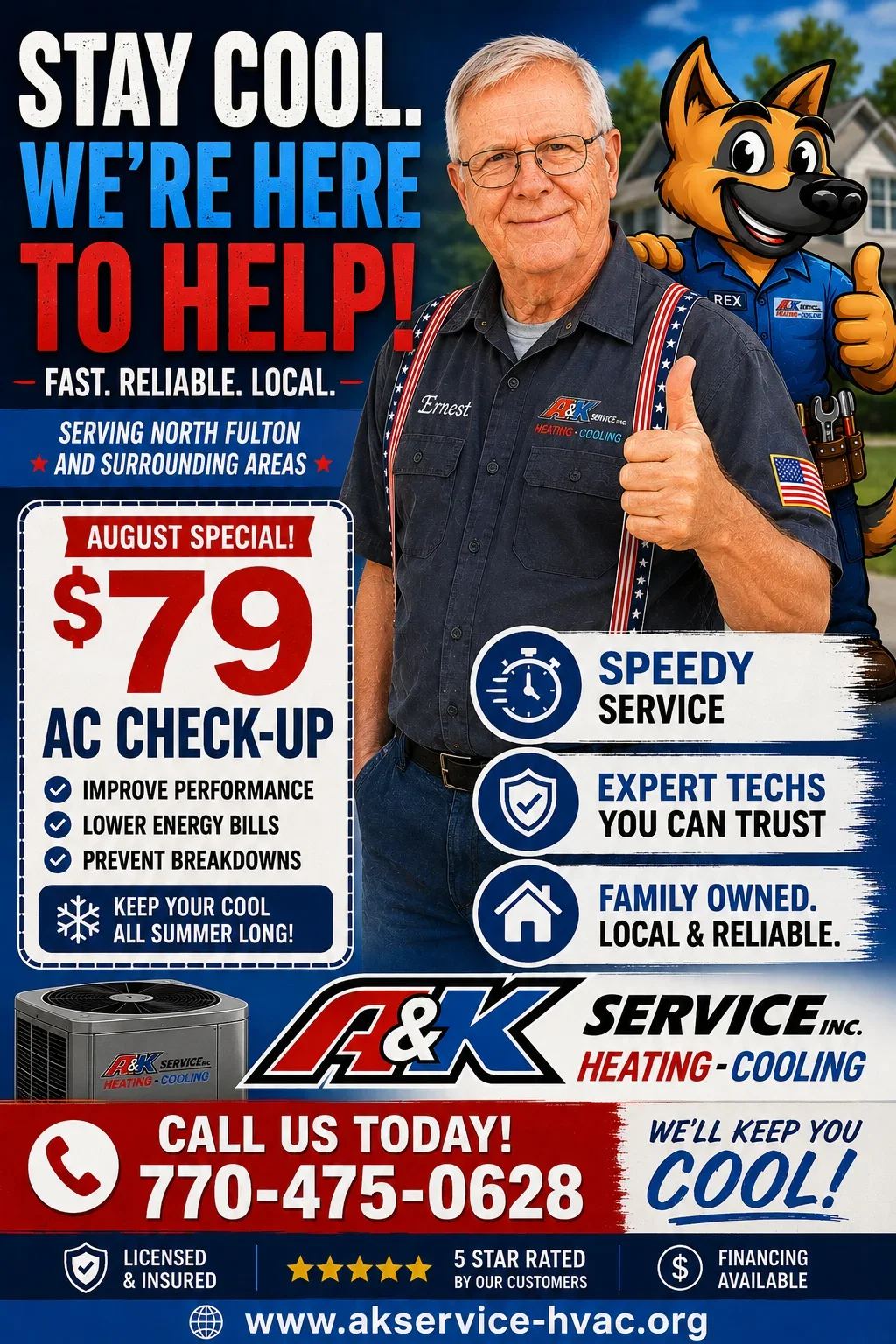 HVAC technician in branded uniform with AC unit and service promotion materials