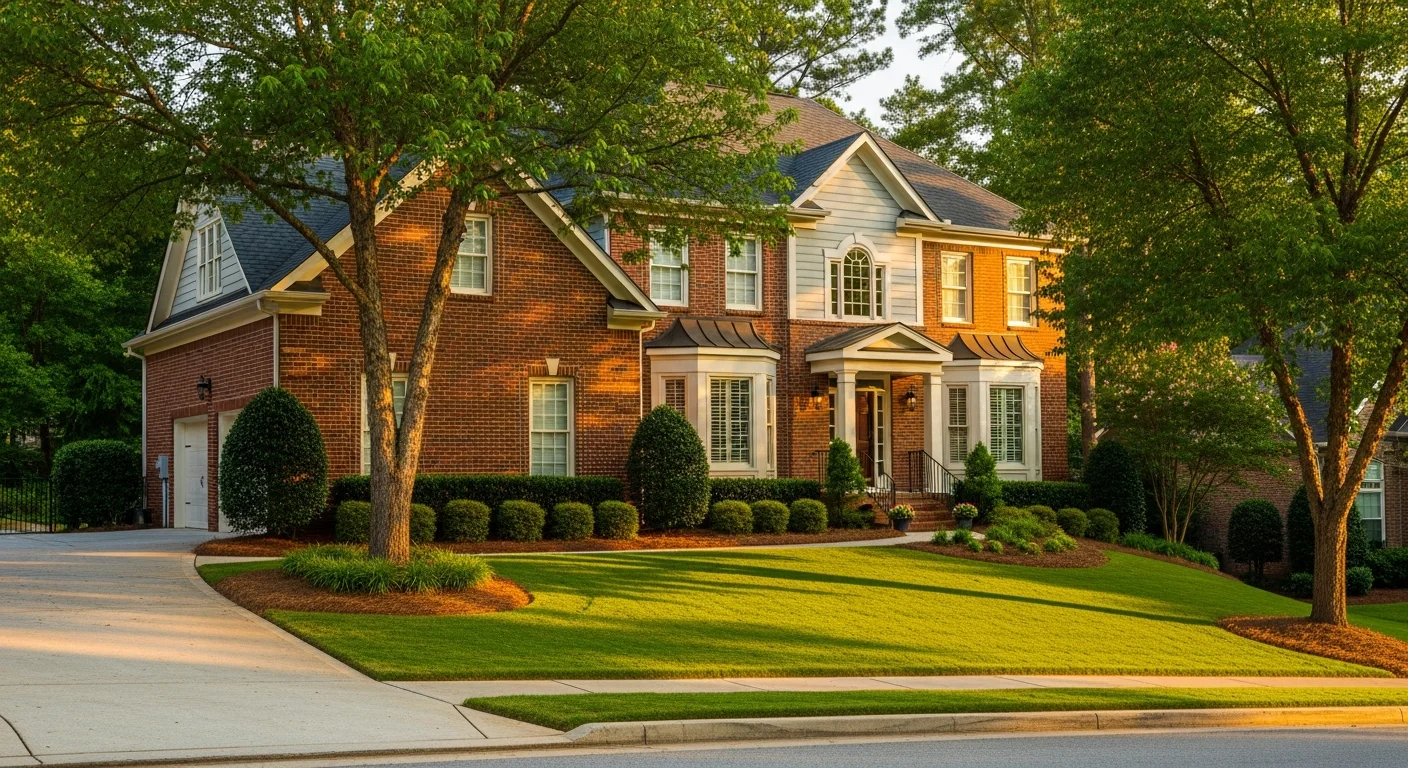 Wide view of a well-maintained residential property in Alpharetta with manicured landscaping and a clean driveway.