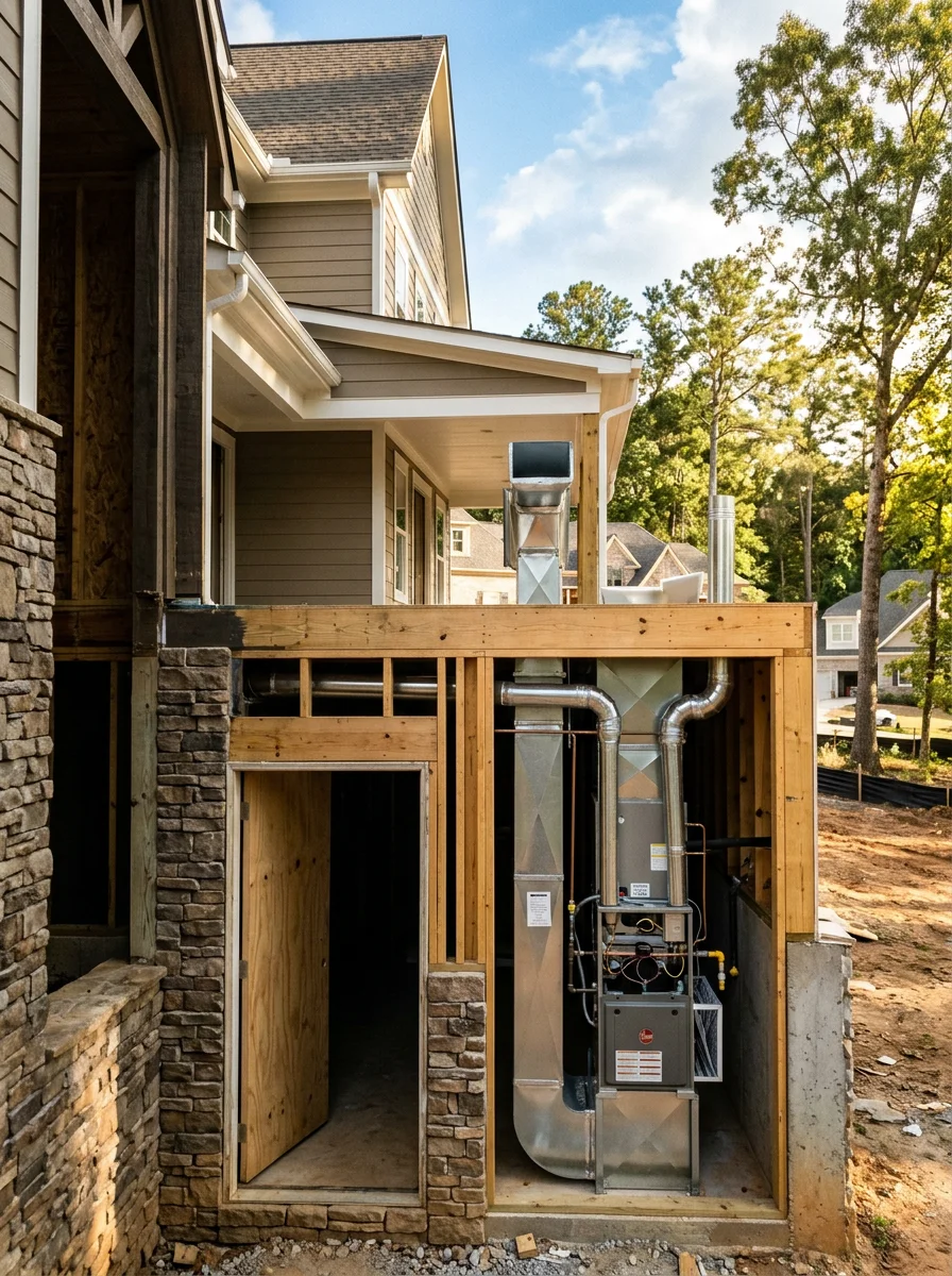 New construction home in Milton with daylight basement and multi-level design showing HVAC ductwork and furnace installation requirements
