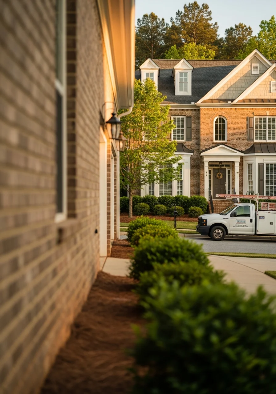 Portrait image of a service professional in front of a typical Woodstock home with professional appearance.