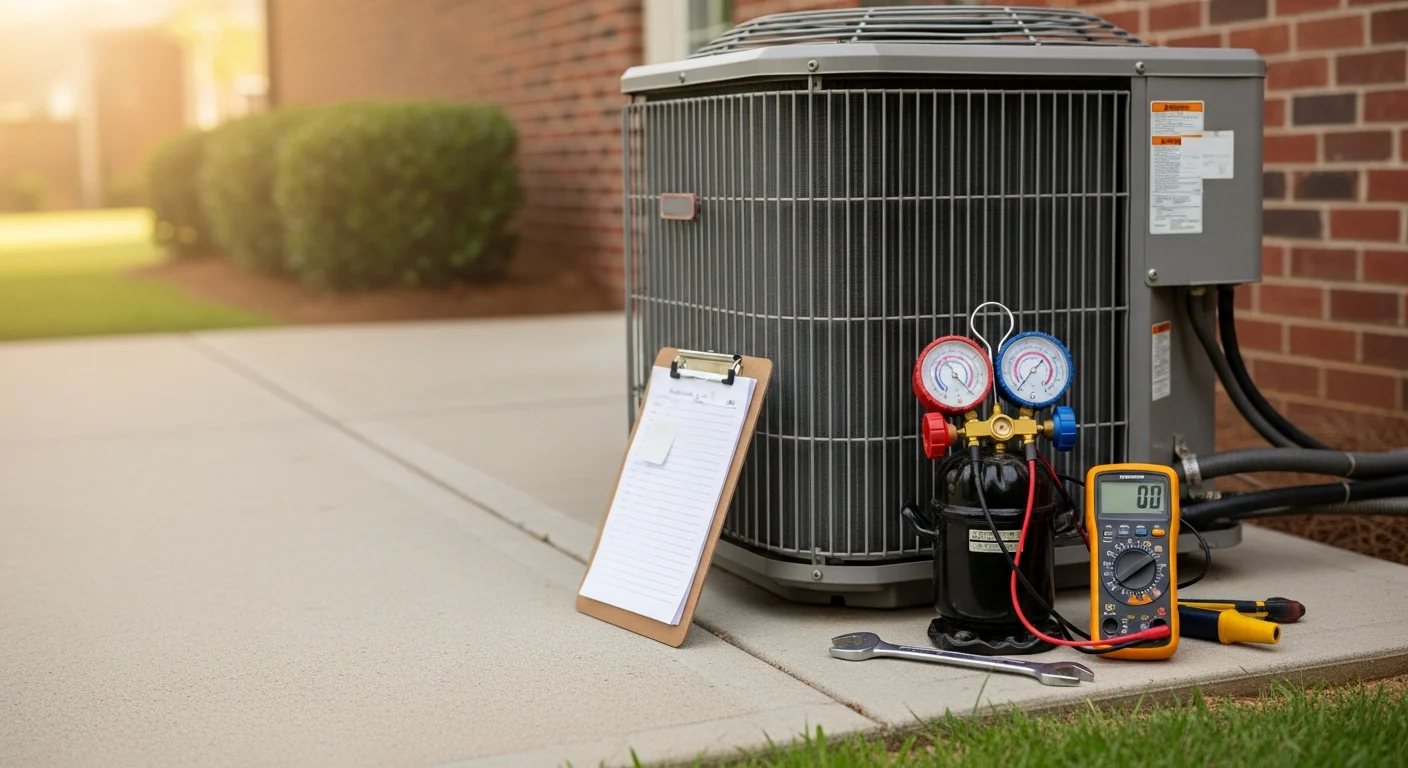 An A&K Service Inc. HVAC technician inspecting an outdoor air conditioning unit at a residential home in Alpharetta, GA. The technician checks refrigerant lines and electrical connections on a central AC system during a summer repair visit.