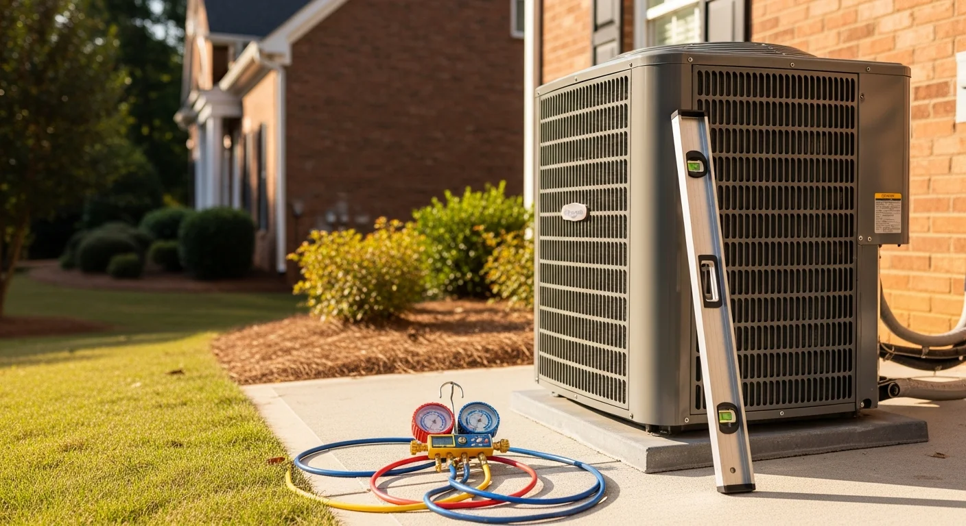 A new residential air conditioning condenser unit installed on a level concrete pad beside a brick single-family home in Alpharetta, Georgia. A technician in a branded uniform checks the electrical connections during final system startup.