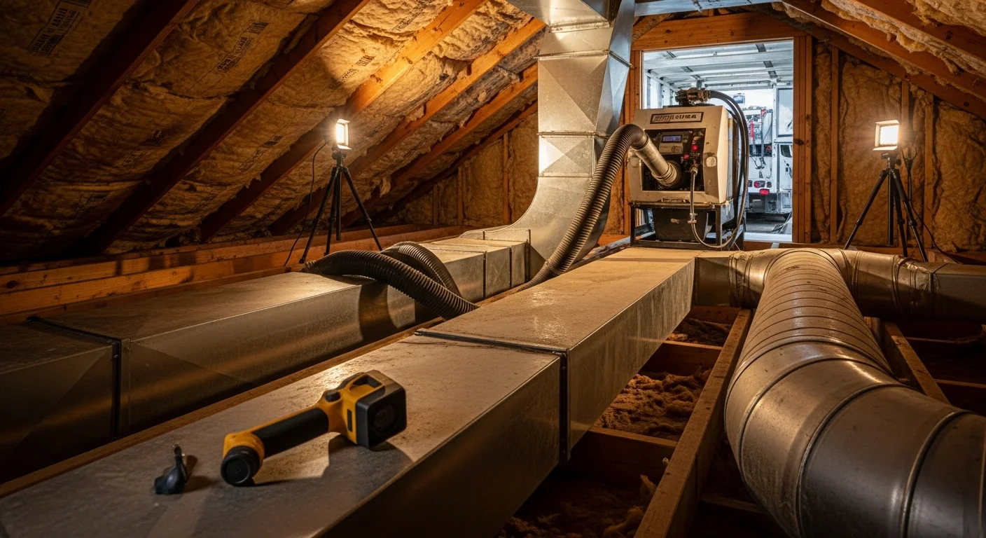 A technician from A&K Service Inc. cleaning supply vents inside an Alpharetta, GA home using professional duct cleaning equipment. The image shows the interior of a residential duct run with visible dust and debris being extracted.