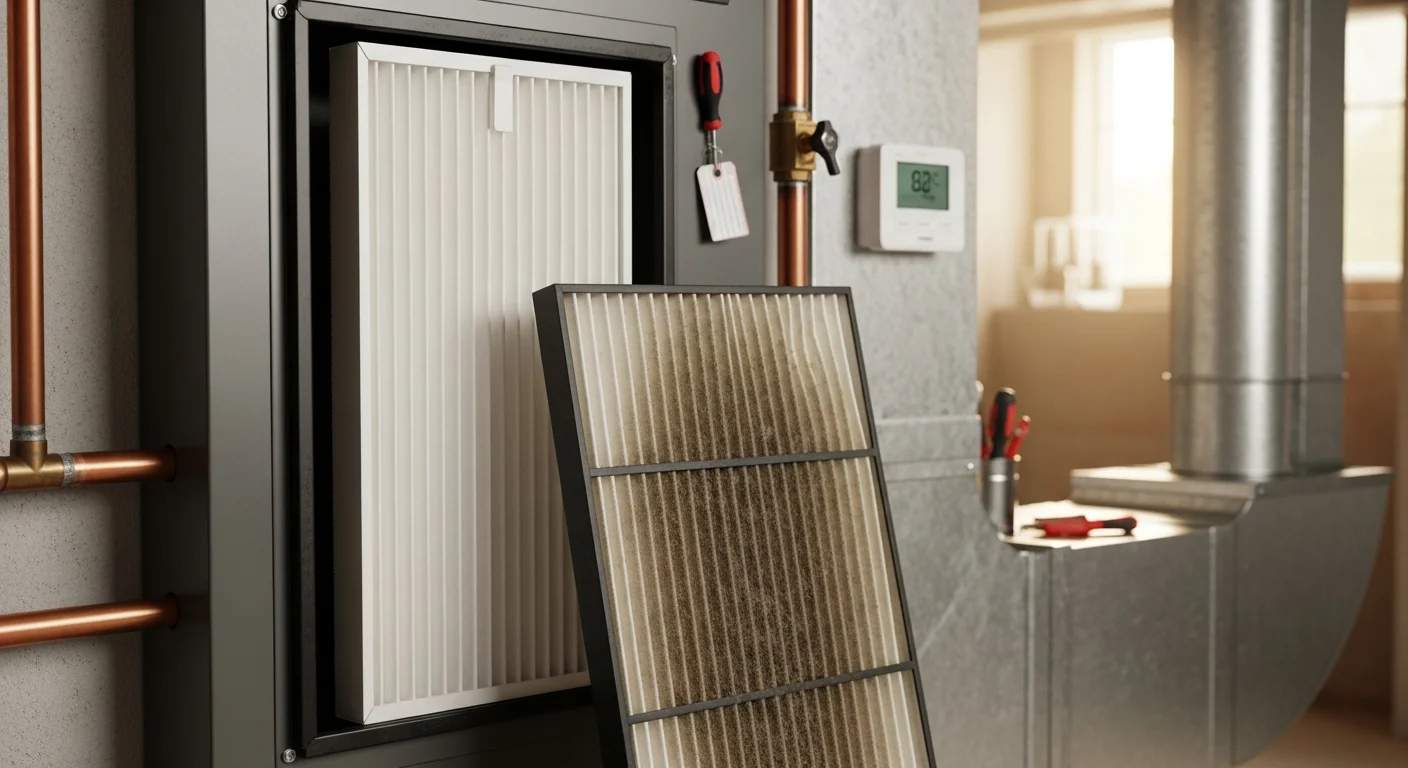 A technician from A&K Service Inc. replacing a clogged HVAC air filter in an Alpharetta home. The old filter shows visible gray dust buildup consistent with heavy pollen and humidity conditions in the North Fulton area.