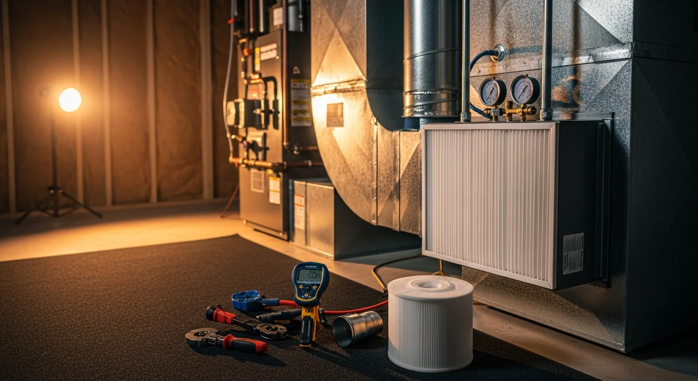 A technician from A&K Service Inc. installing a whole-home air filtration unit connected to an HVAC system in an Alpharetta, Georgia residential home. The image shows the filtration housing mounted in a utility area with ductwork connections visible.