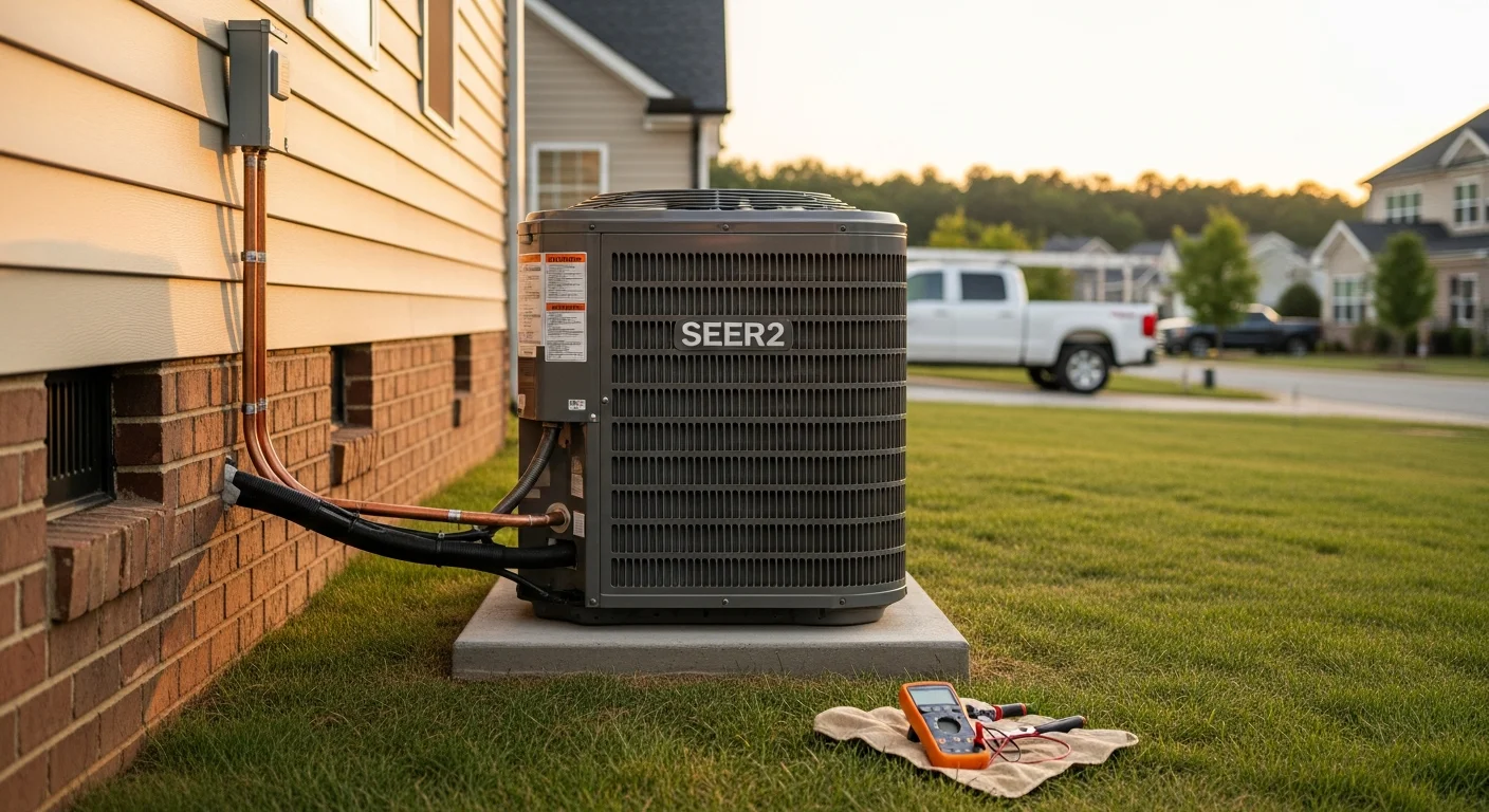 A newly installed high-efficiency central air conditioning outdoor unit beside an Alpharetta home, with clean refrigerant lines and a modern condenser cabinet. A technician from A&K Service Inc. reviews the system setup on a warm Georgia afternoon.