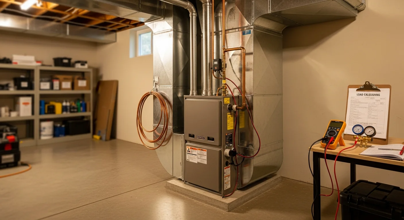 A newly installed gas furnace unit inside a residential utility room in an Alpharetta home, with fresh ductwork connections and a digital thermostat visible on the adjacent wall. An A&K Service Inc. technician performs a post-installation performance check on the system.