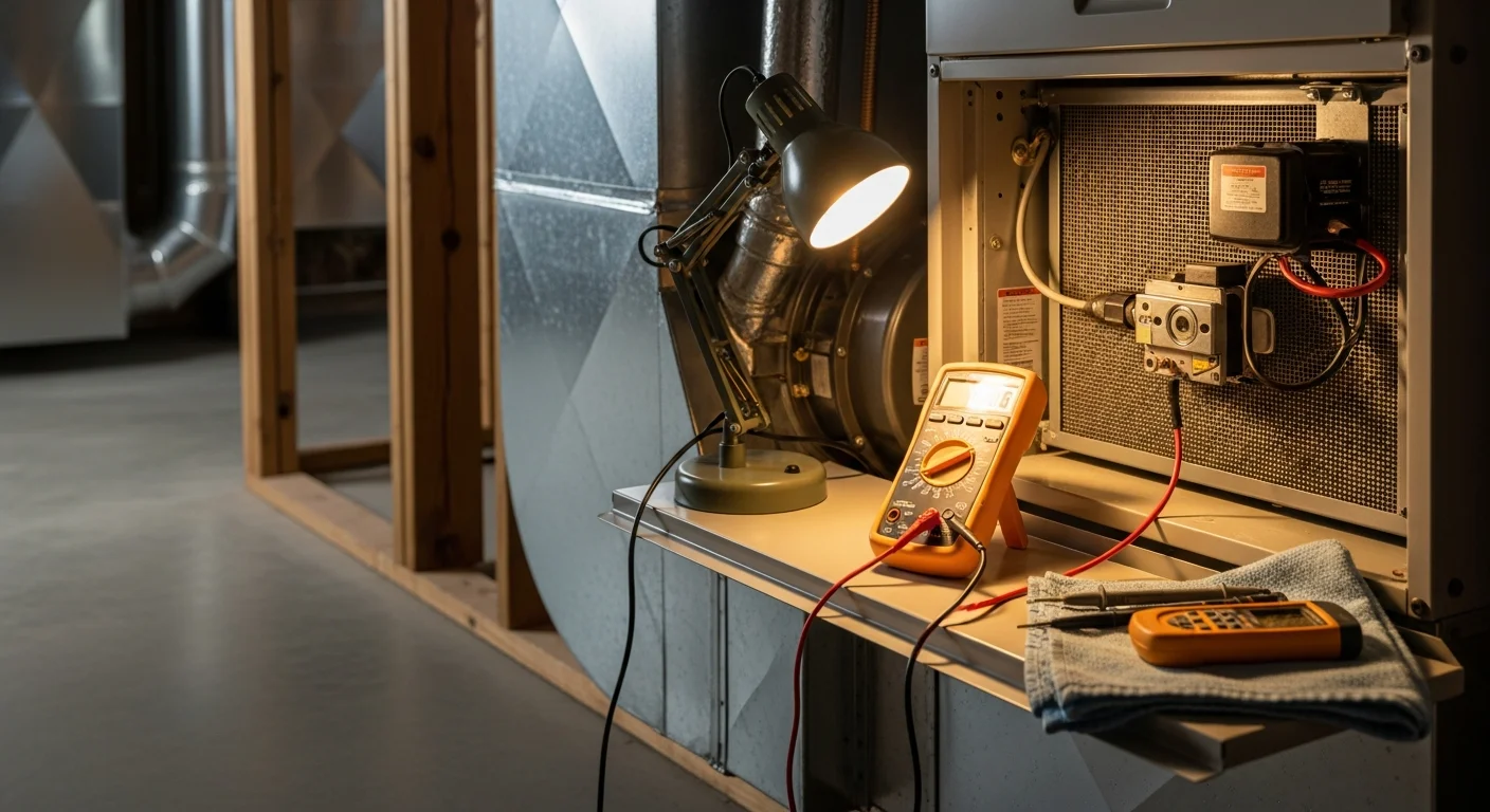 An A&K Service Inc. HVAC technician inspecting the interior components of a gas furnace inside an Alpharetta home. The technician is examining the heat exchanger and blower assembly with a flashlight during a furnace repair service call.