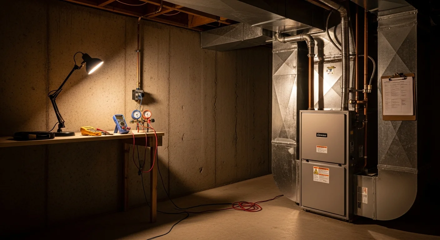 A newly installed gas furnace in an Alpharetta home utility room, with clean ductwork connections and a digital thermostat visible on the adjacent wall. An A&K Service Inc. technician reviews the system settings during the post-installation walkthrough.