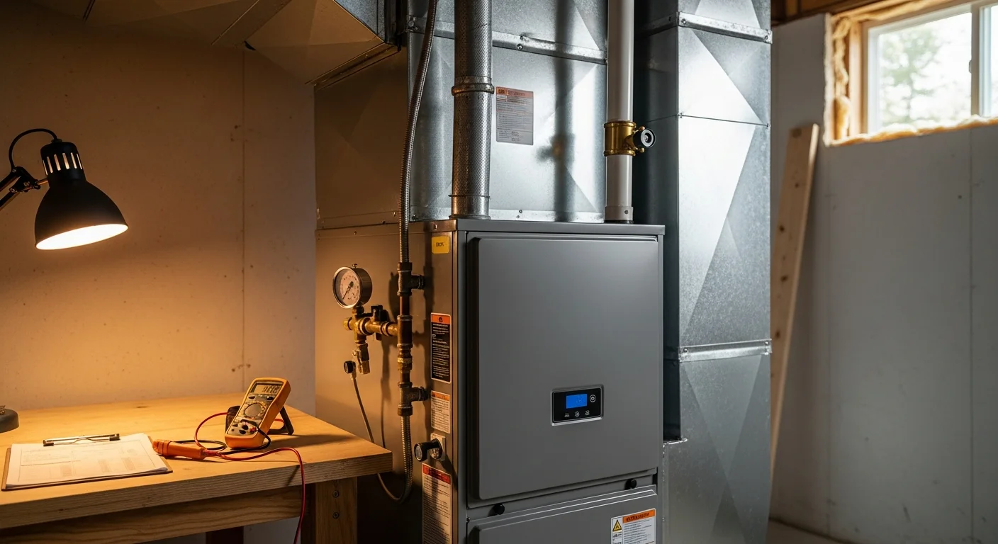 A new residential furnace installed in a utility room of an Alpharetta, GA home, with clean ductwork connections and a digital thermostat visible on the wall. A&K Service Inc. technician reviews the unit during a furnace sales and installation visit.