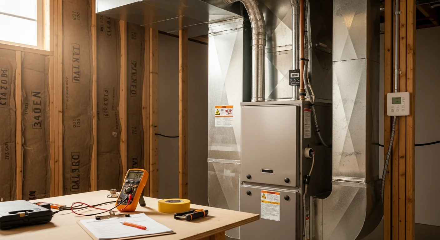 A newly installed high-efficiency gas furnace in a residential utility room in Alpharetta, Georgia, with clean PVC venting and updated ductwork connections. The unit displays a high AFUE rating label, indicating a completed furnace upgrade by A&K Service Inc.