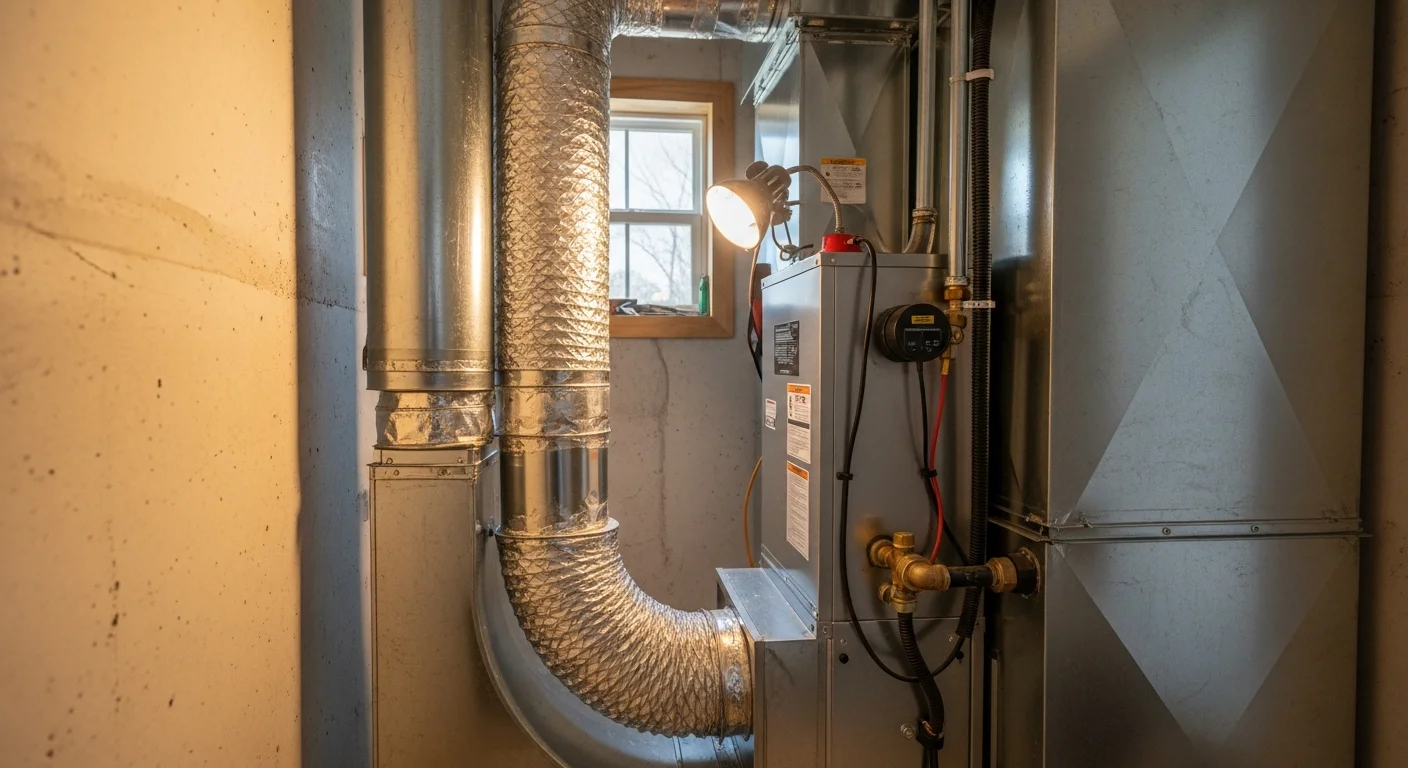 A whole-home humidifier unit mounted on the supply plenum of a residential HVAC system in an Alpharetta home. The humidistat control and water supply line are visible, showing a completed professional installation.
