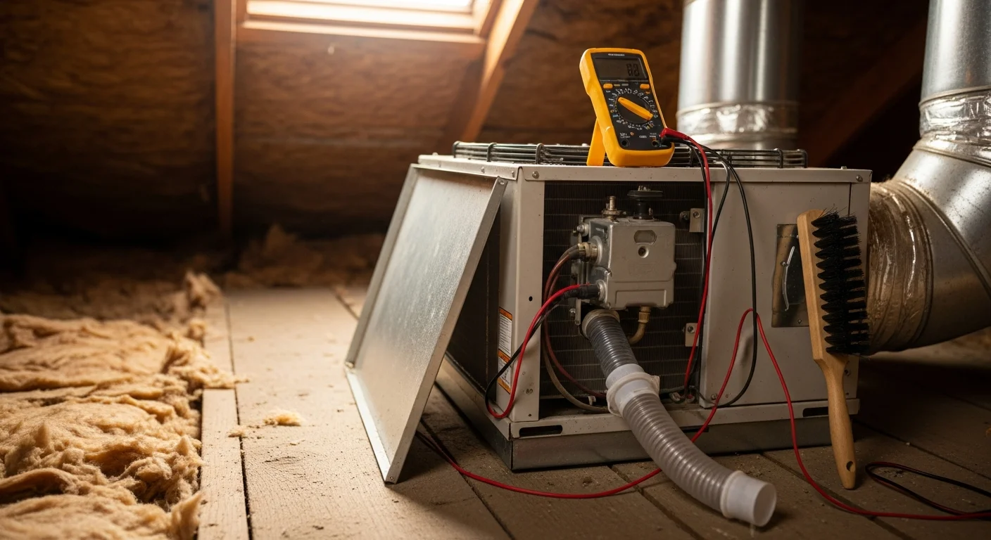 An A&K Service Inc. HVAC technician inspecting and cleaning an outdoor condenser unit at an Alpharetta, GA residential property. The technician checks coil condition and electrical connections during a routine maintenance visit.