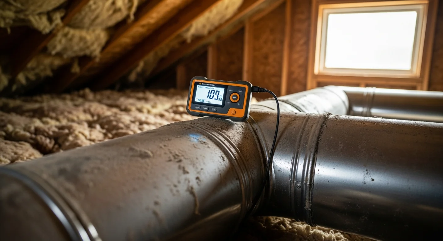 A technician from A&K Service Inc. collecting an air sample near a residential HVAC return vent inside an Alpharetta home. Testing equipment sits on a nearby surface while ductwork is visible in the background.