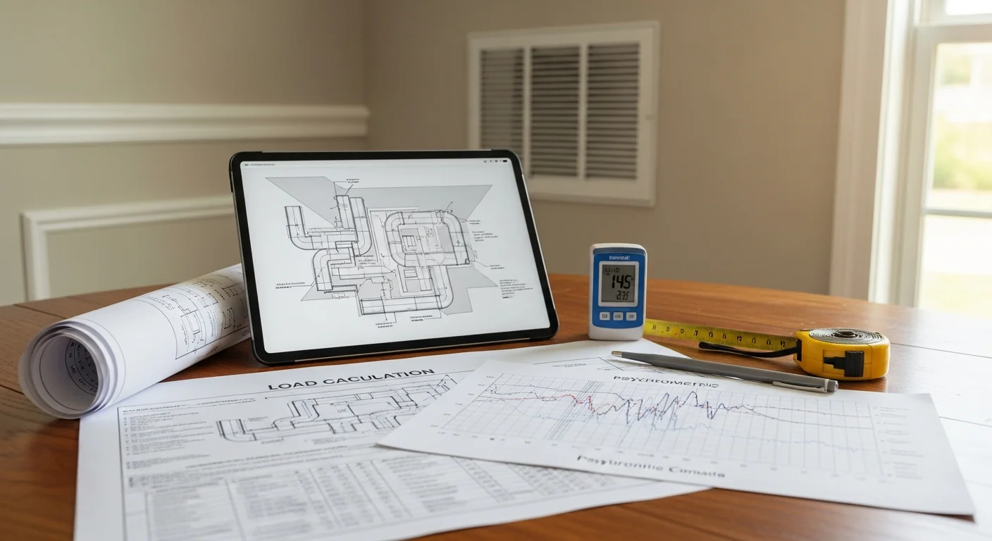 An A&K Service Inc. technician reviewing ductwork and load calculation notes inside an Alpharetta home during an air conditioning system design consultation. The image shows a residential interior with visible duct access and a clipboard with home measurements.